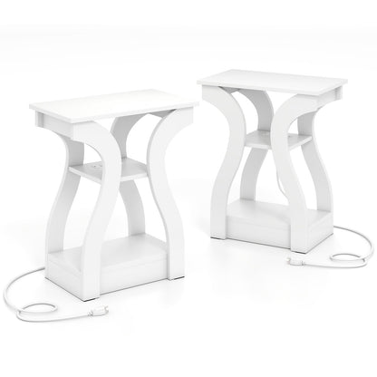 3-Tier End Tables with Charging Station Set of 2 with Open Storage Shelves-White