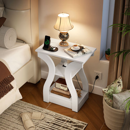 3-Tier End Tables with Charging Station Set of 2 with Open Storage Shelves-White