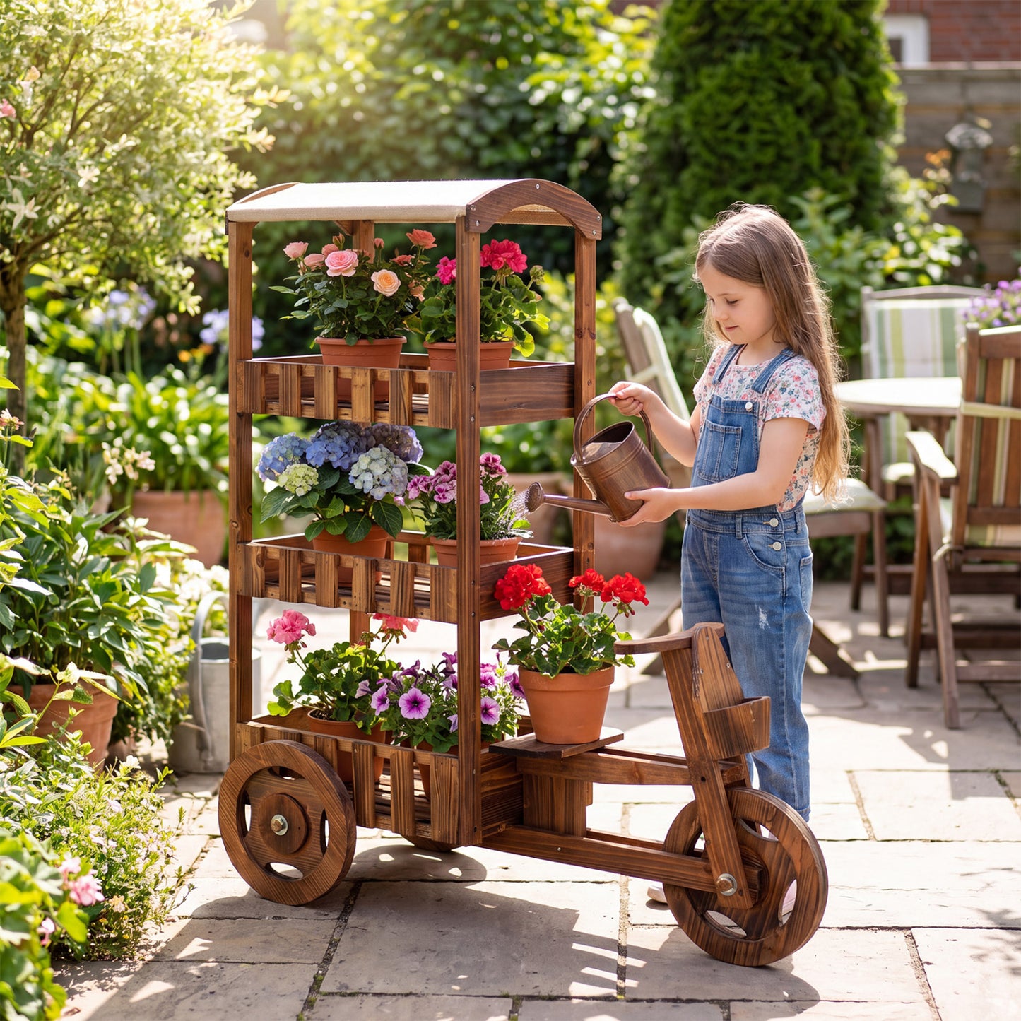 3-Tier Wooden Plant Stand with Canopy and Wheels