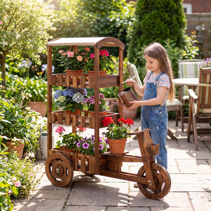 3-Tier Wooden Plant Stand with Canopy and Wheels