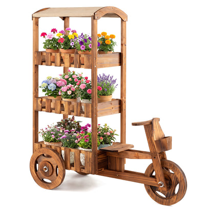 3-Tier Wooden Plant Stand with Canopy and Wheels