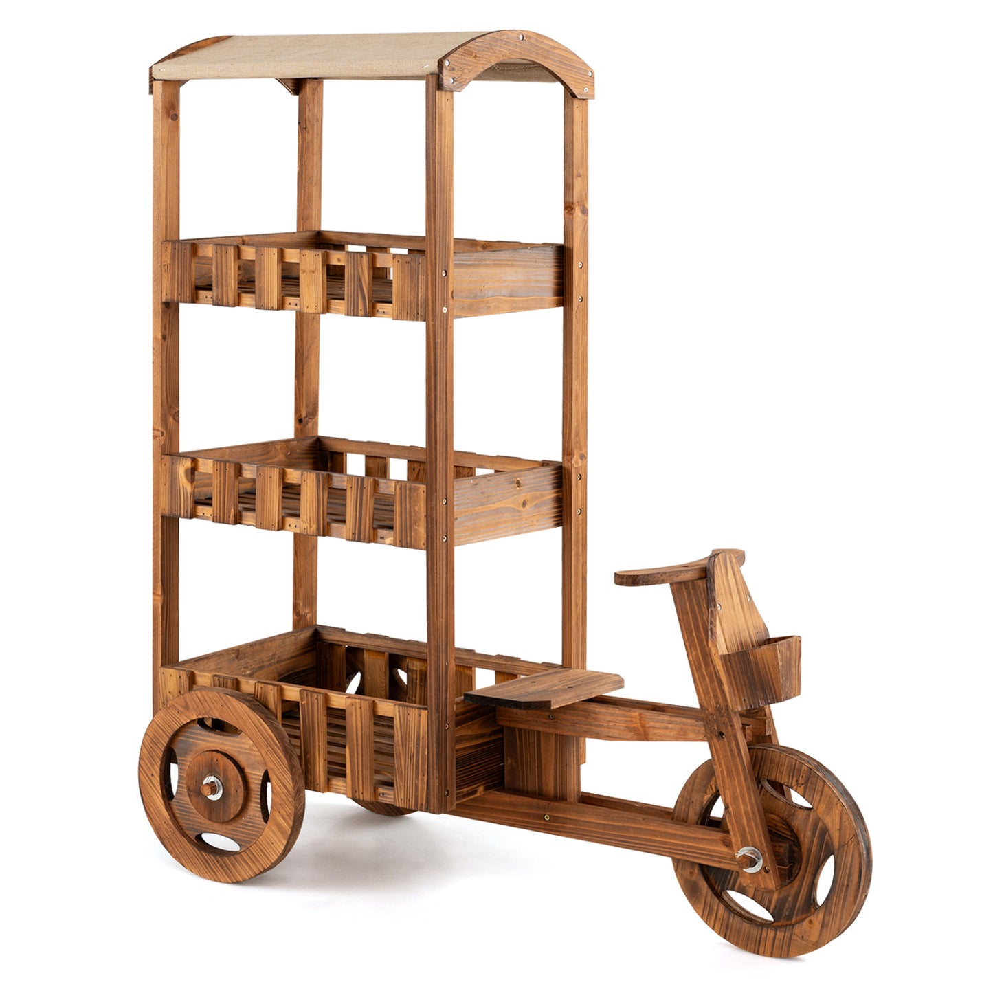 3-Tier Wooden Plant Stand with Canopy and Wheels