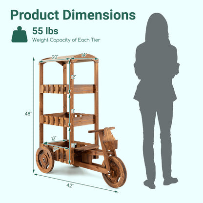 3-Tier Wooden Plant Stand with Canopy and Wheels