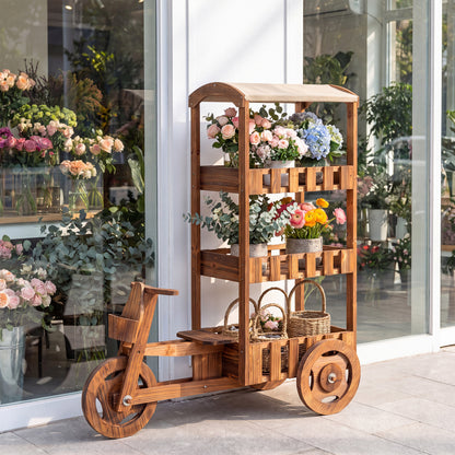 3-Tier Wooden Plant Stand with Canopy and Wheels