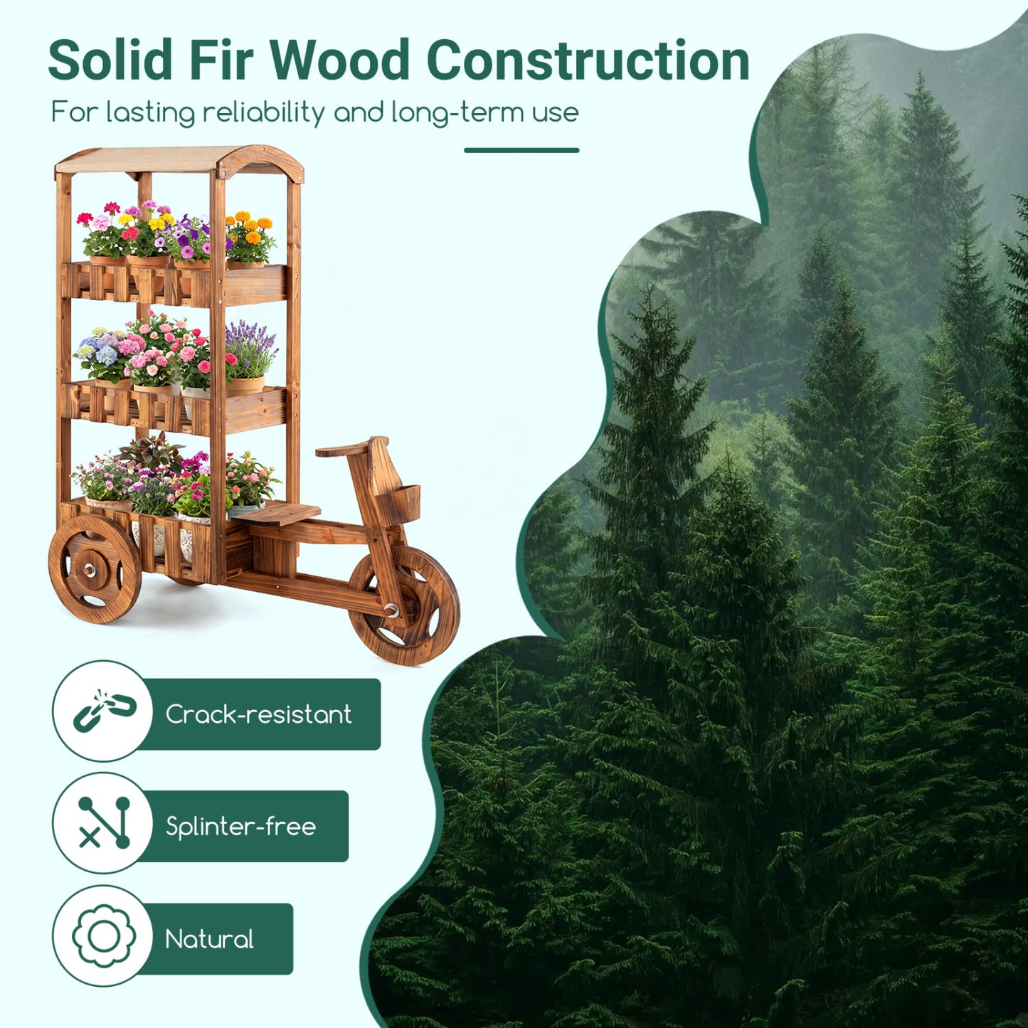 3-Tier Wooden Plant Stand with Canopy and Wheels