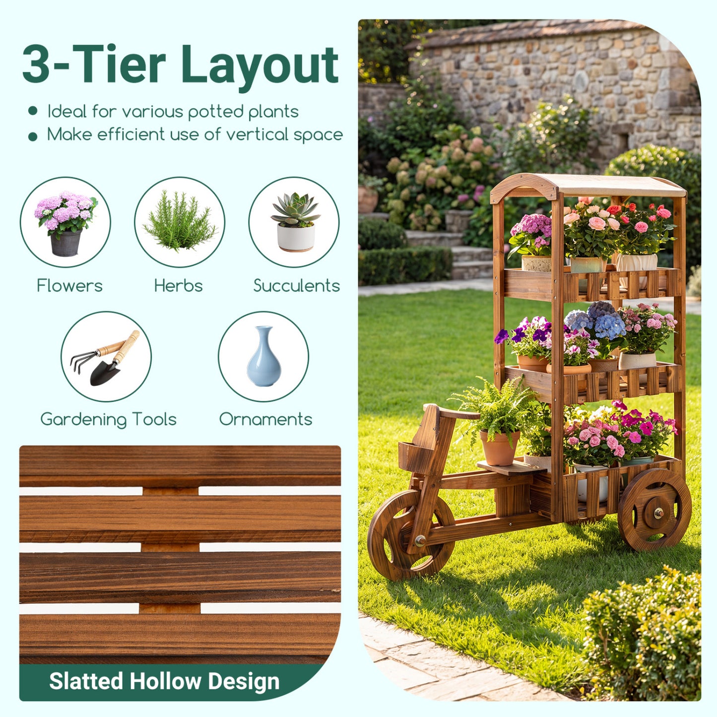 3-Tier Wooden Plant Stand with Canopy and Wheels
