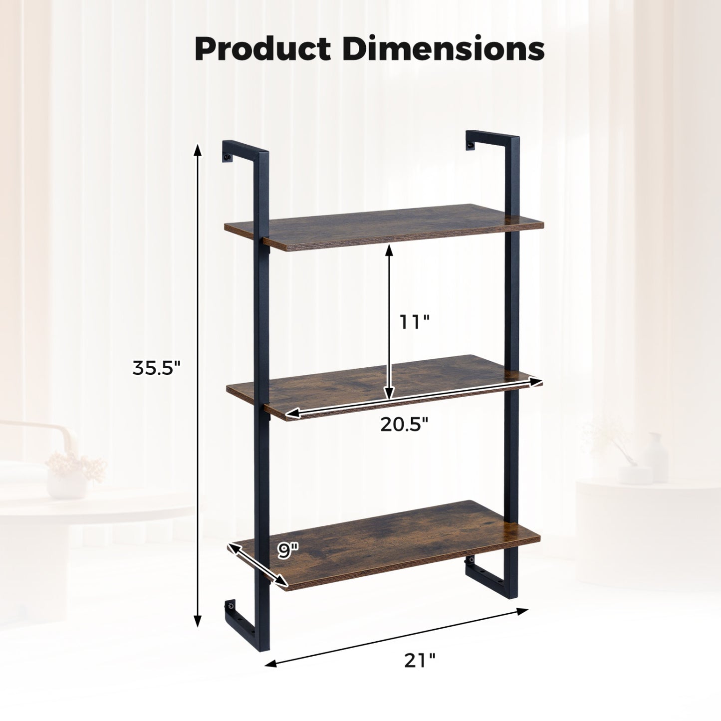 3-Tier Floating Wall Shelf - Rustic Brown