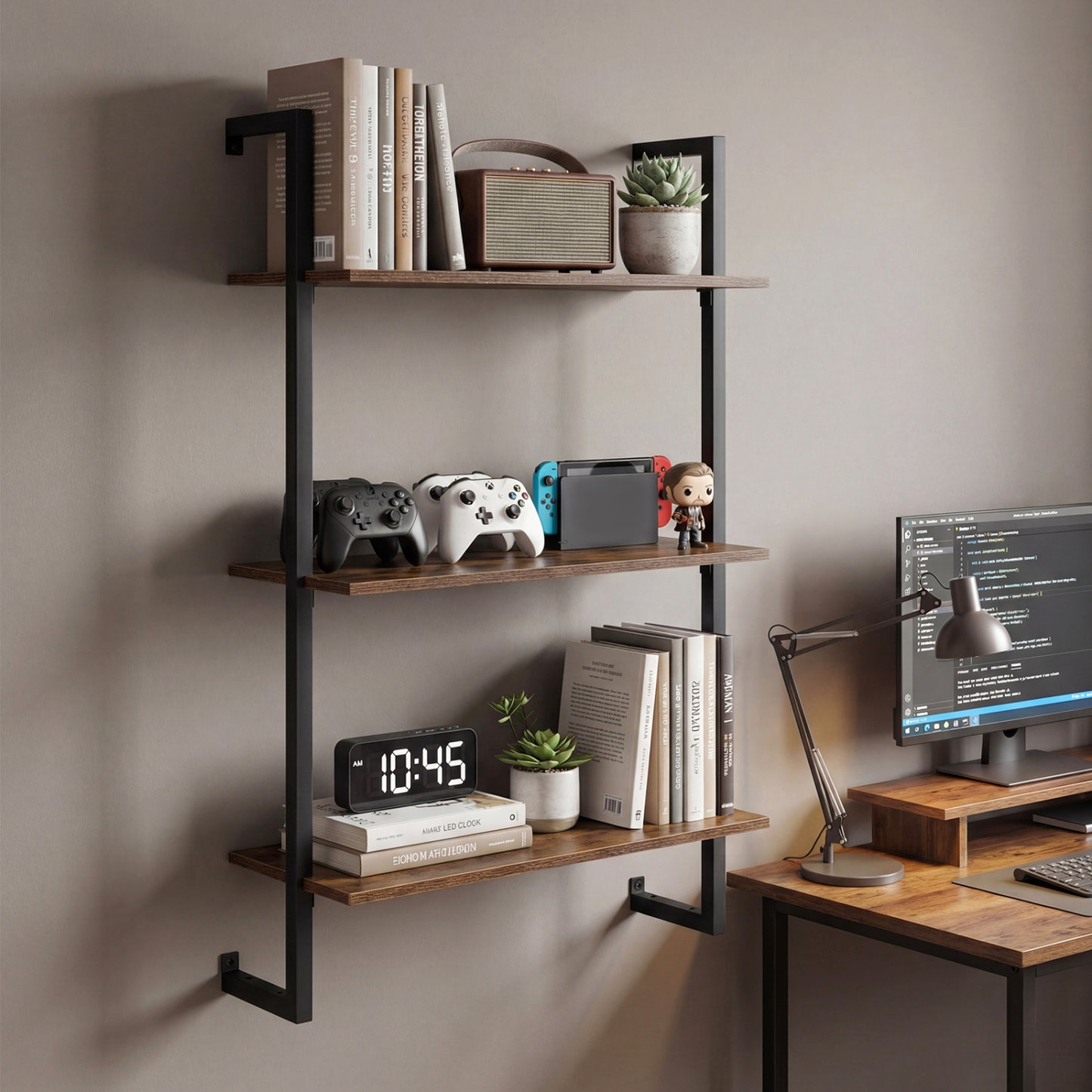 3-Tier Floating Wall Shelf - Rustic Brown
