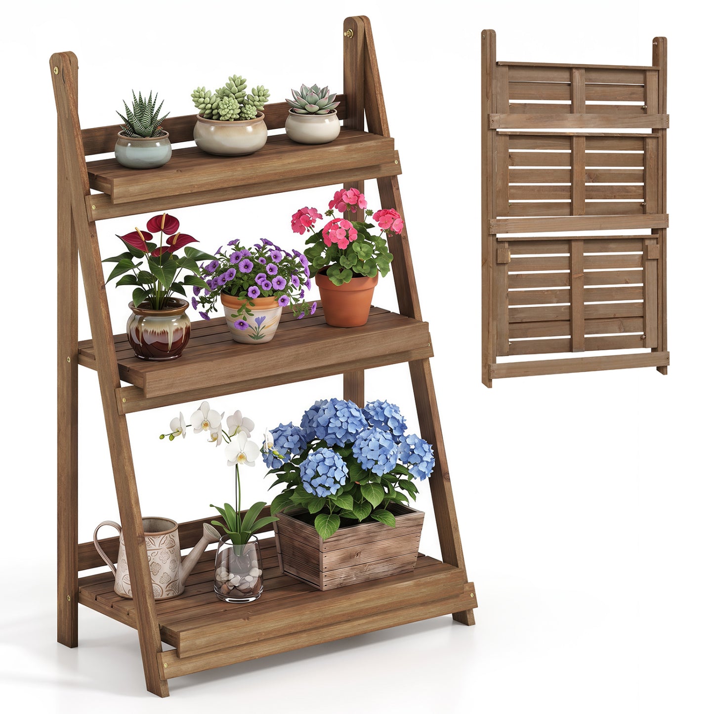 3-Tier Foldable Plant Stand with Slatted Shelves