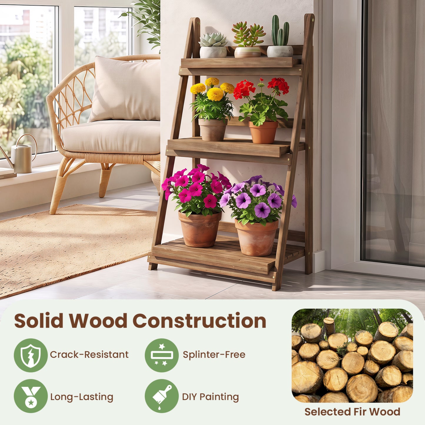 3-Tier Foldable Plant Stand with Slatted Shelves