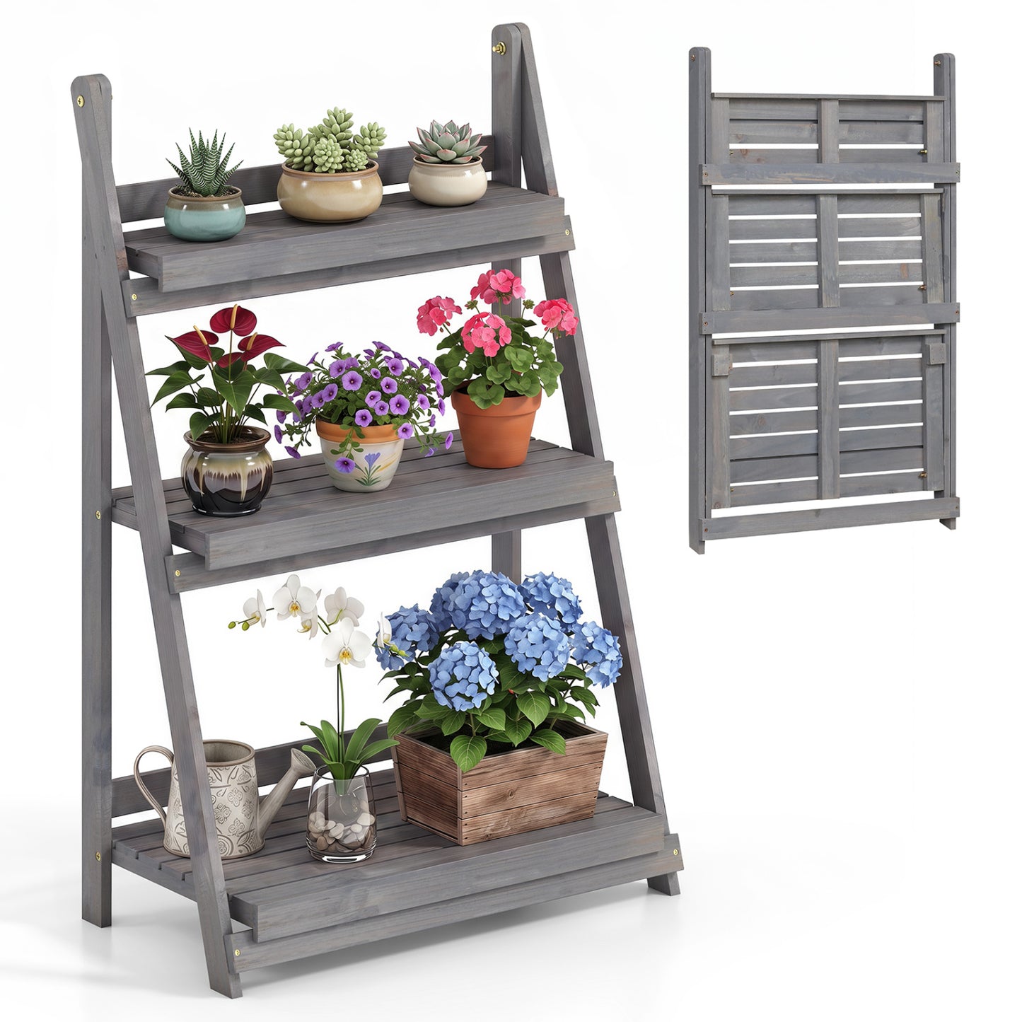 3-Tier Foldable Plant Stand with Slatted Shelves