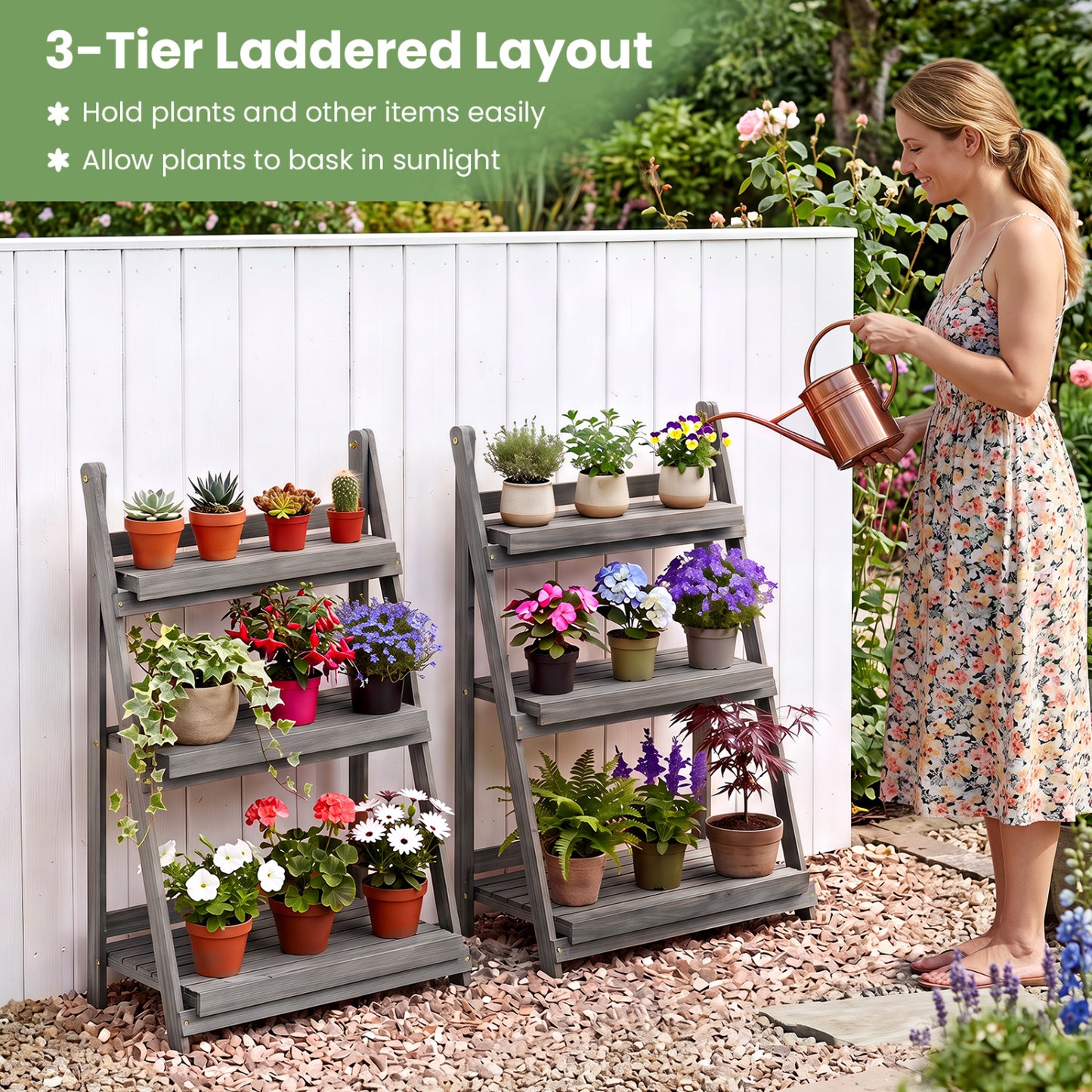 3-Tier Foldable Plant Stand with Slatted Shelves