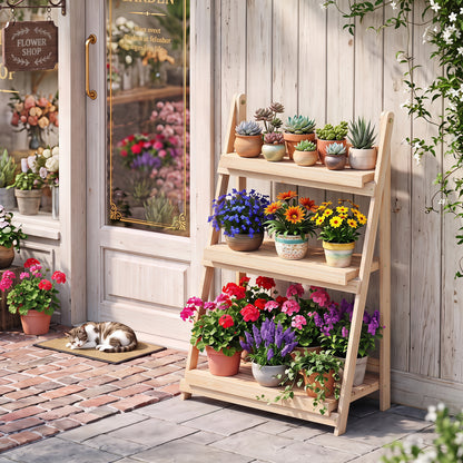 3-Tier Foldable Plant Stand with Slatted Shelves