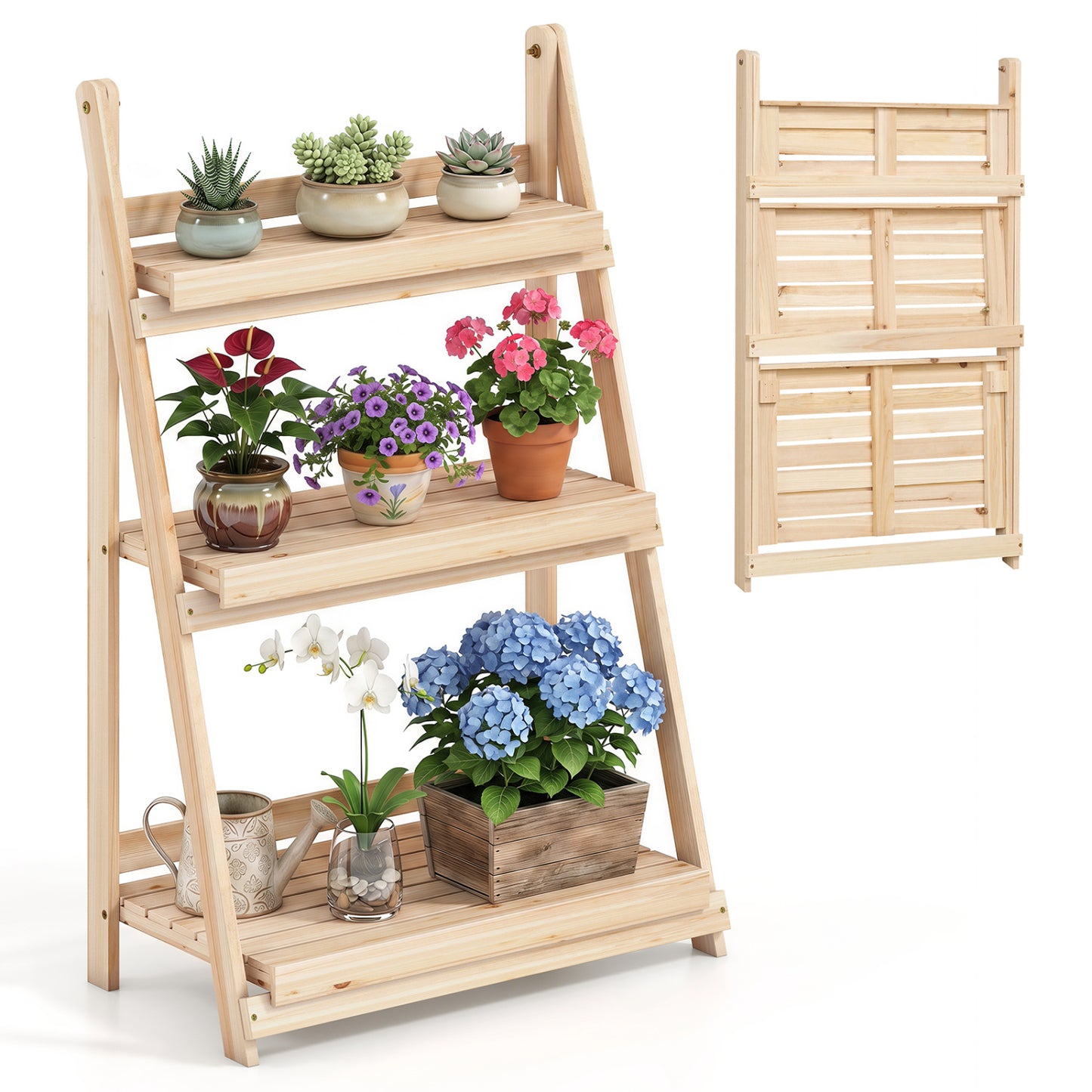 3-Tier Foldable Plant Stand with Slatted Shelves