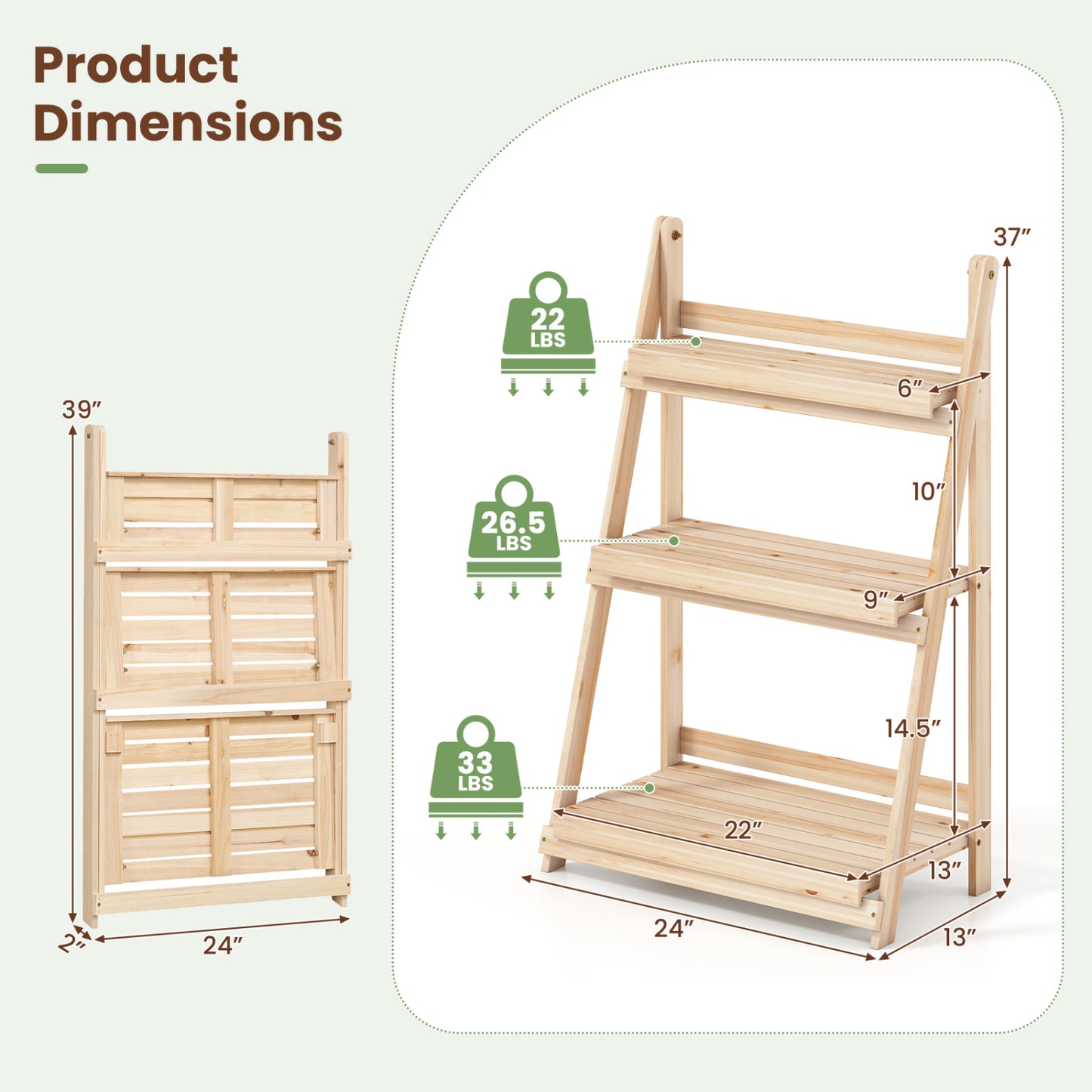 3-Tier Foldable Plant Stand with Slatted Shelves