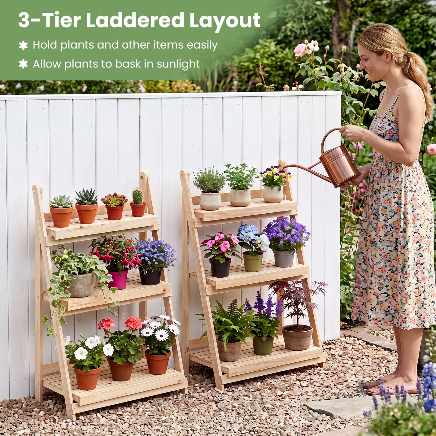 3-Tier Foldable Plant Stand with Slatted Shelves