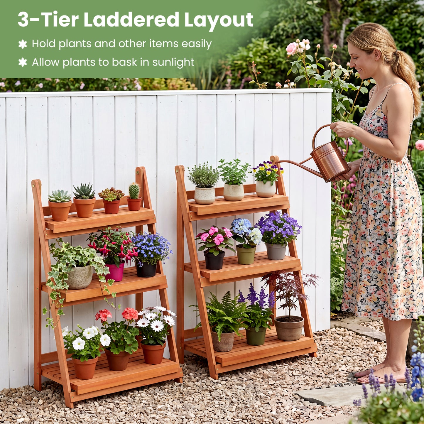 3-Tier Foldable Plant Stand with Slatted Shelves