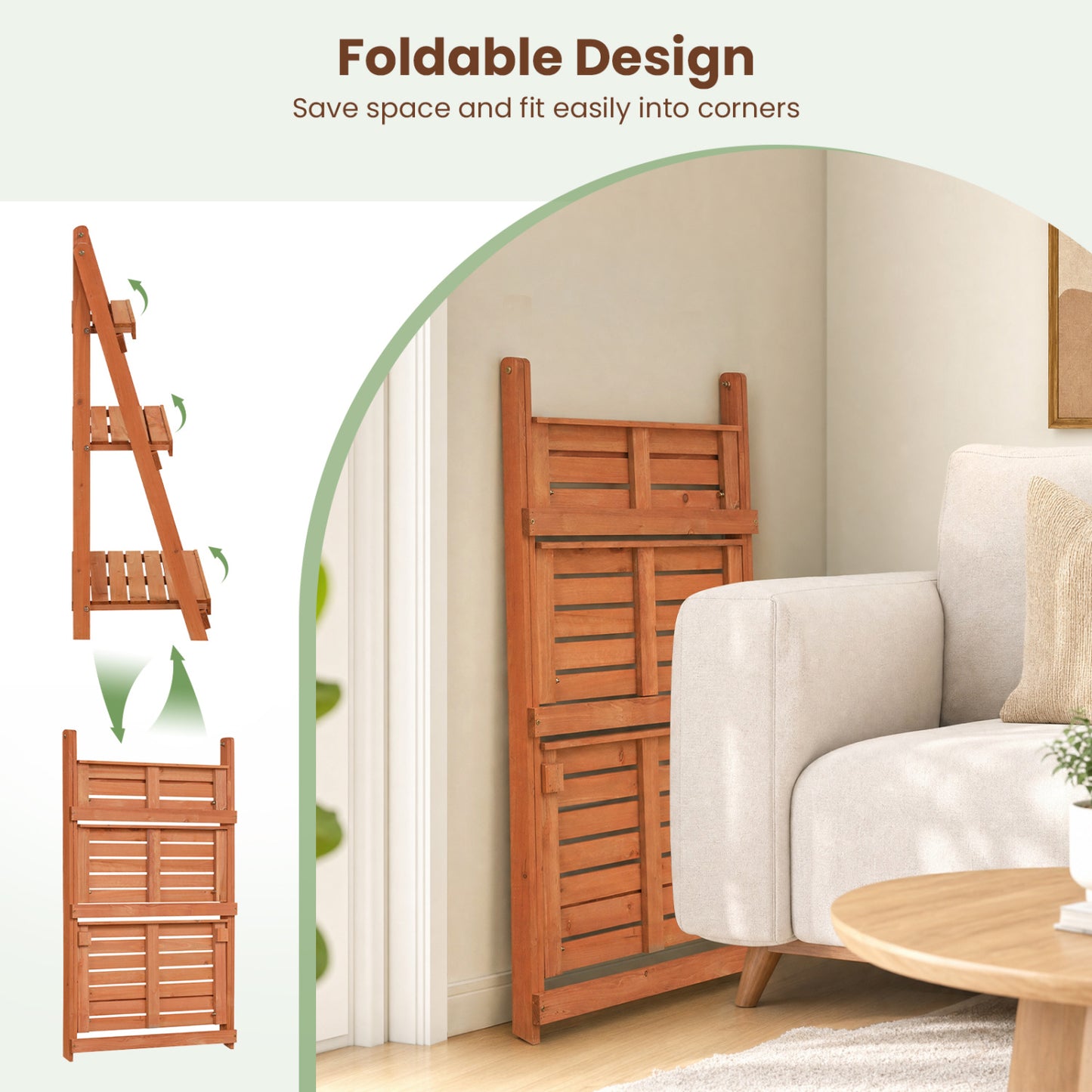 3-Tier Foldable Plant Stand with Slatted Shelves