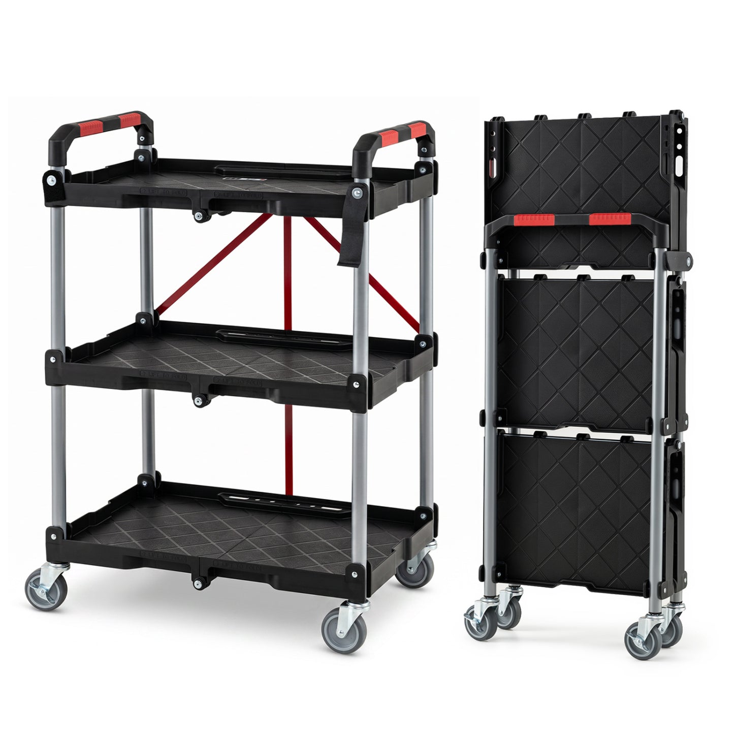 3-Tier Folding Utility Cart with Swivel Wheels and Brakes