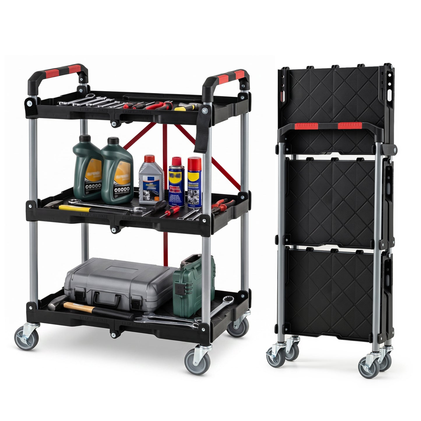 3-Tier Folding Utility Cart with Swivel Wheels and Brakes