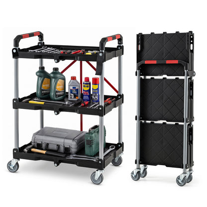 3-Tier Folding Utility Cart with Swivel Wheels and Brakes