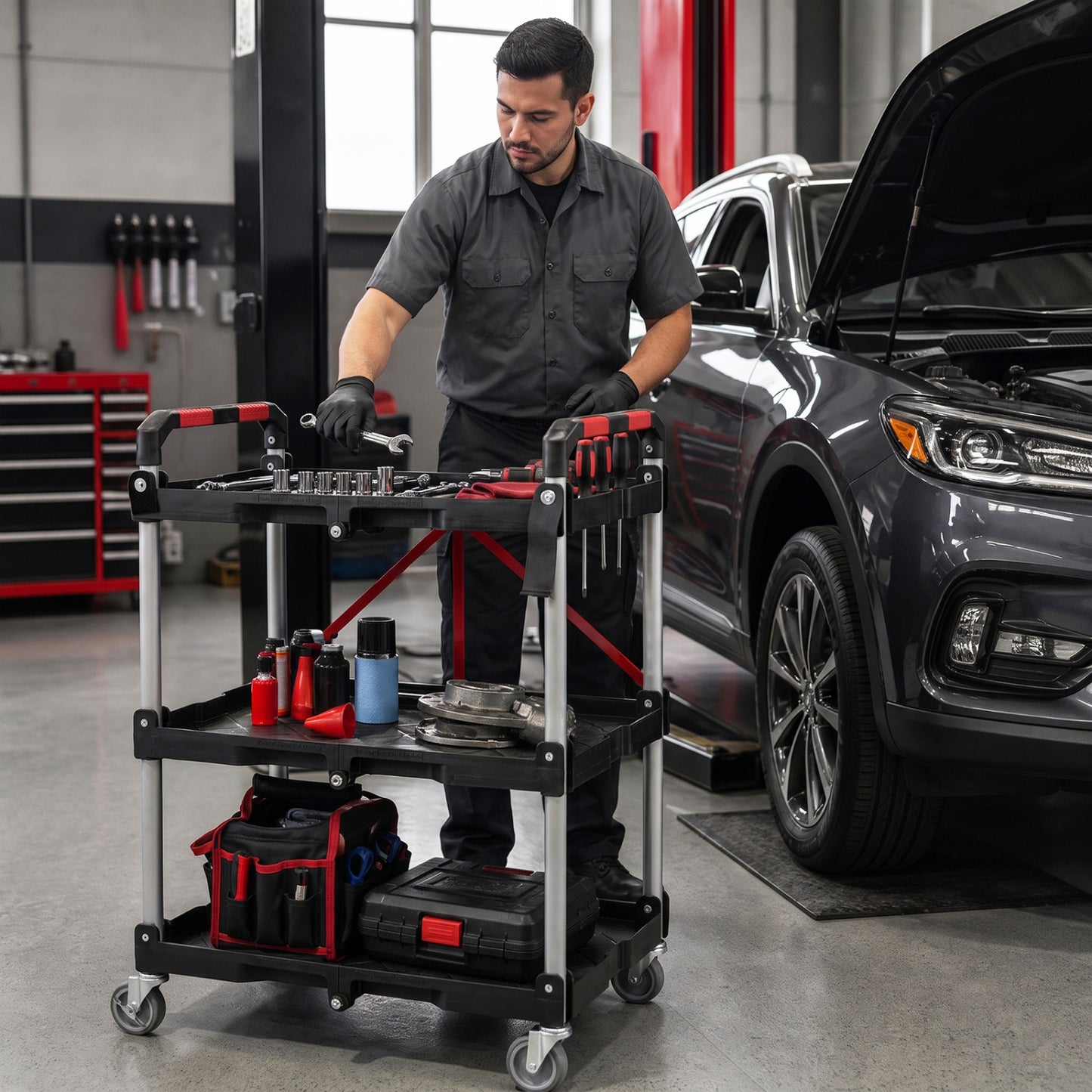 3-Tier Folding Utility Cart with Swivel Wheels and Brakes