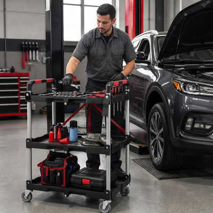3-Tier Folding Utility Cart with Swivel Wheels and Brakes