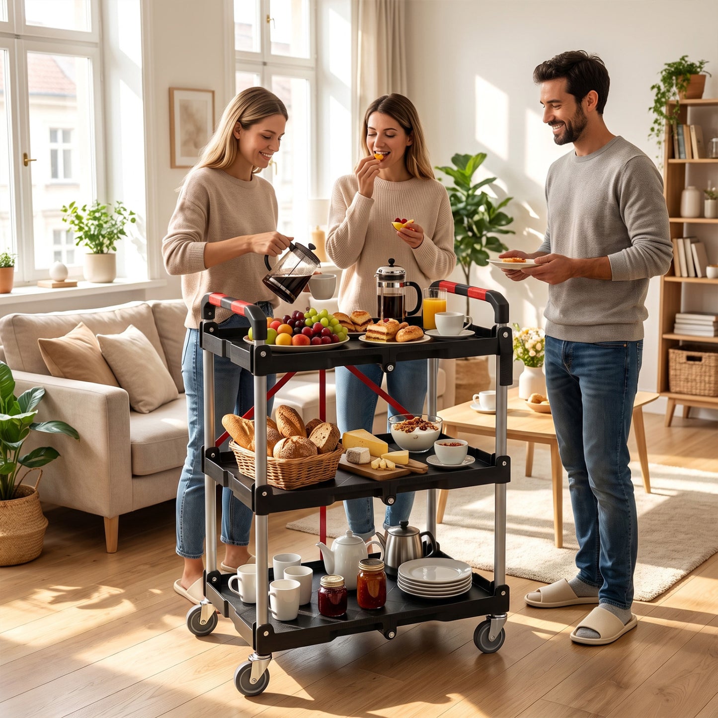 3-Tier Folding Utility Cart with Swivel Wheels and Brakes