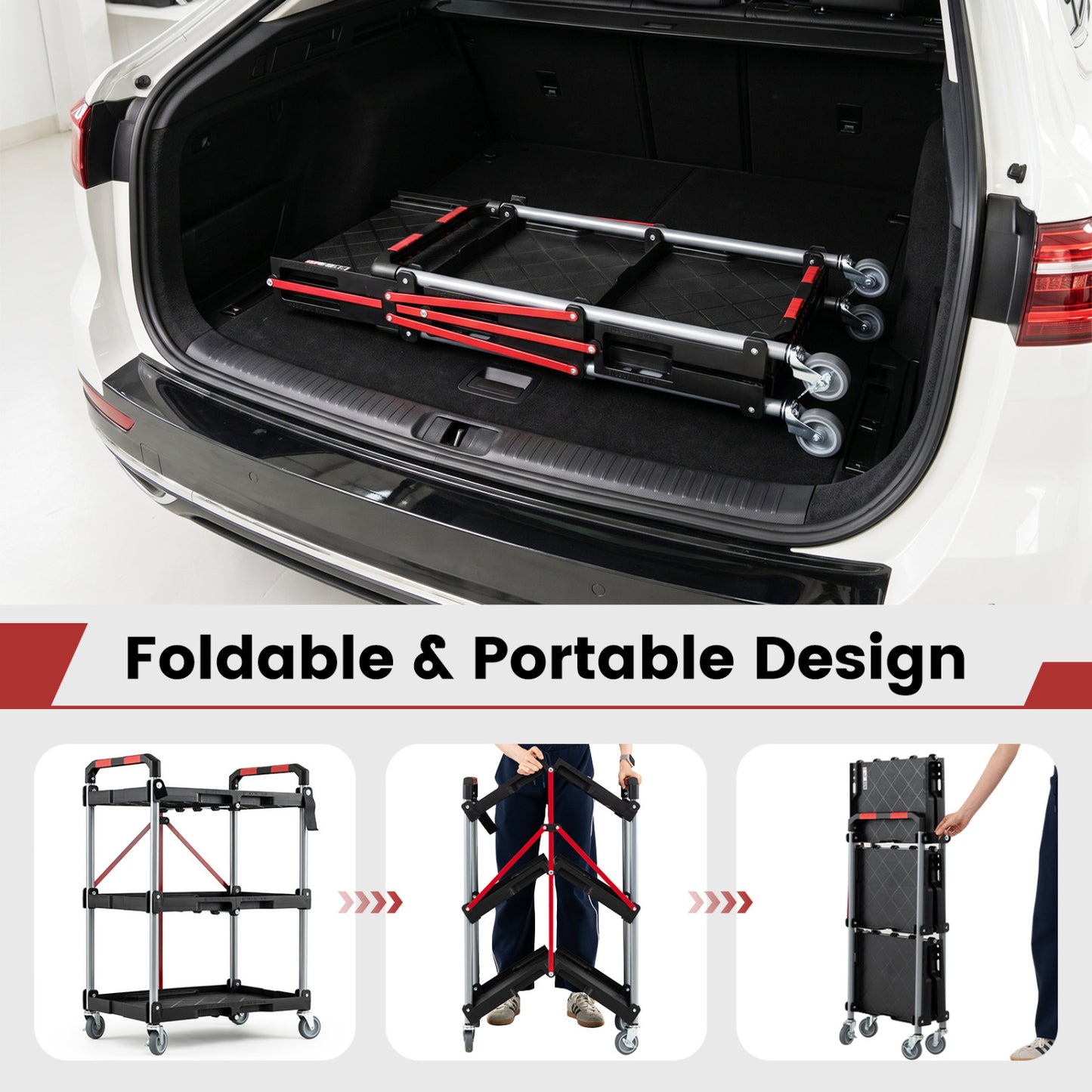 3-Tier Folding Utility Cart with Swivel Wheels and Brakes