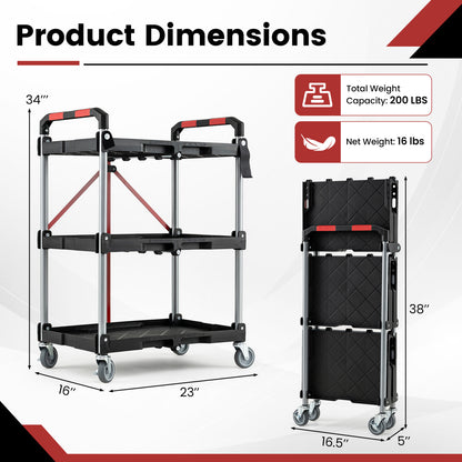 3-Tier Folding Utility Cart with Swivel Wheels and Brakes
