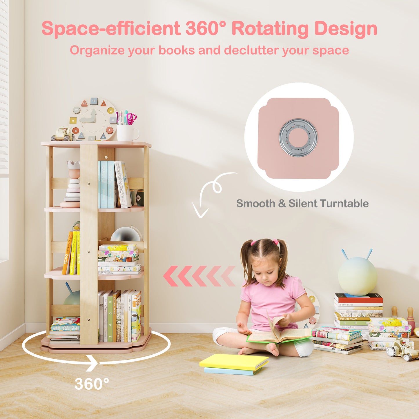 3-Tier Freestanding Corner Toddler Book Rack with 12 Sectors-Pink