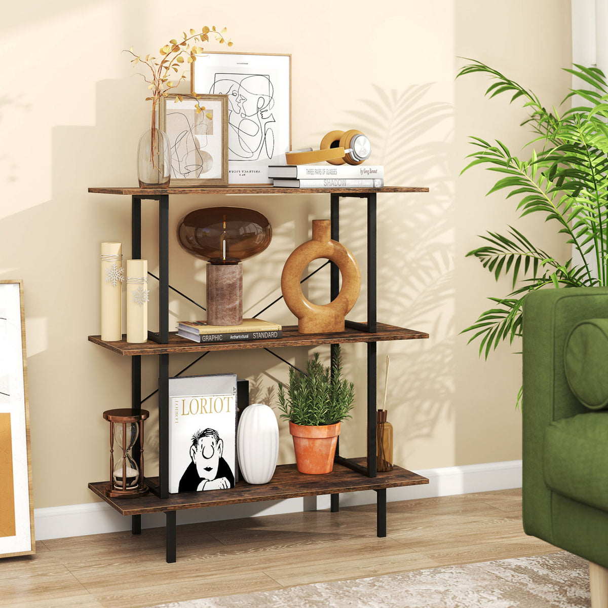 3-Tier Bookshelf with Metal Frame and Open Shelves