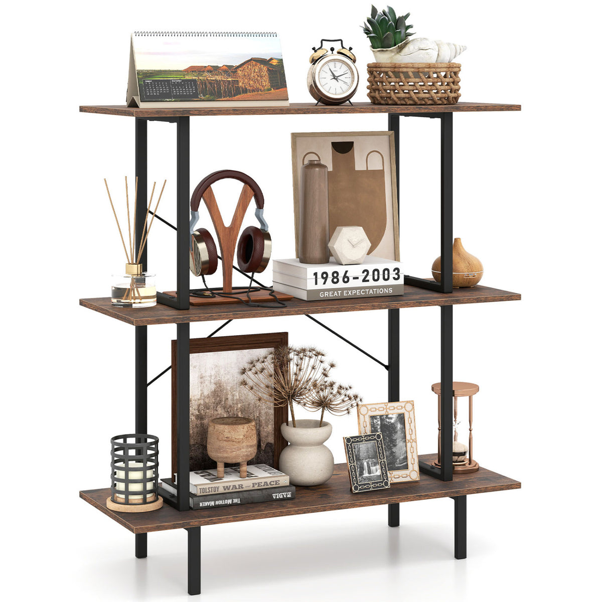 3-Tier Bookshelf with Metal Frame and Open Shelves