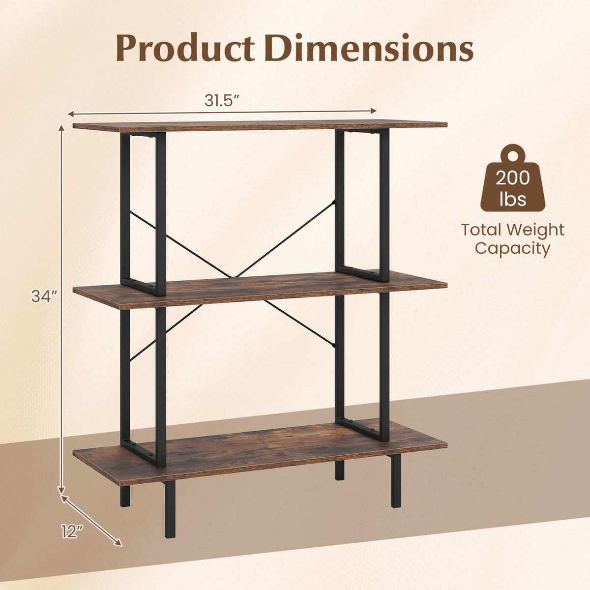3-Tier Bookshelf with Metal Frame and Open Shelves