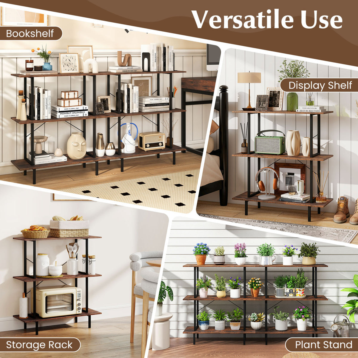 3-Tier Bookshelf with Metal Frame and Open Shelves