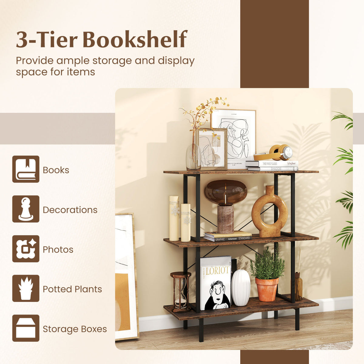 3-Tier Bookshelf with Metal Frame and Open Shelves