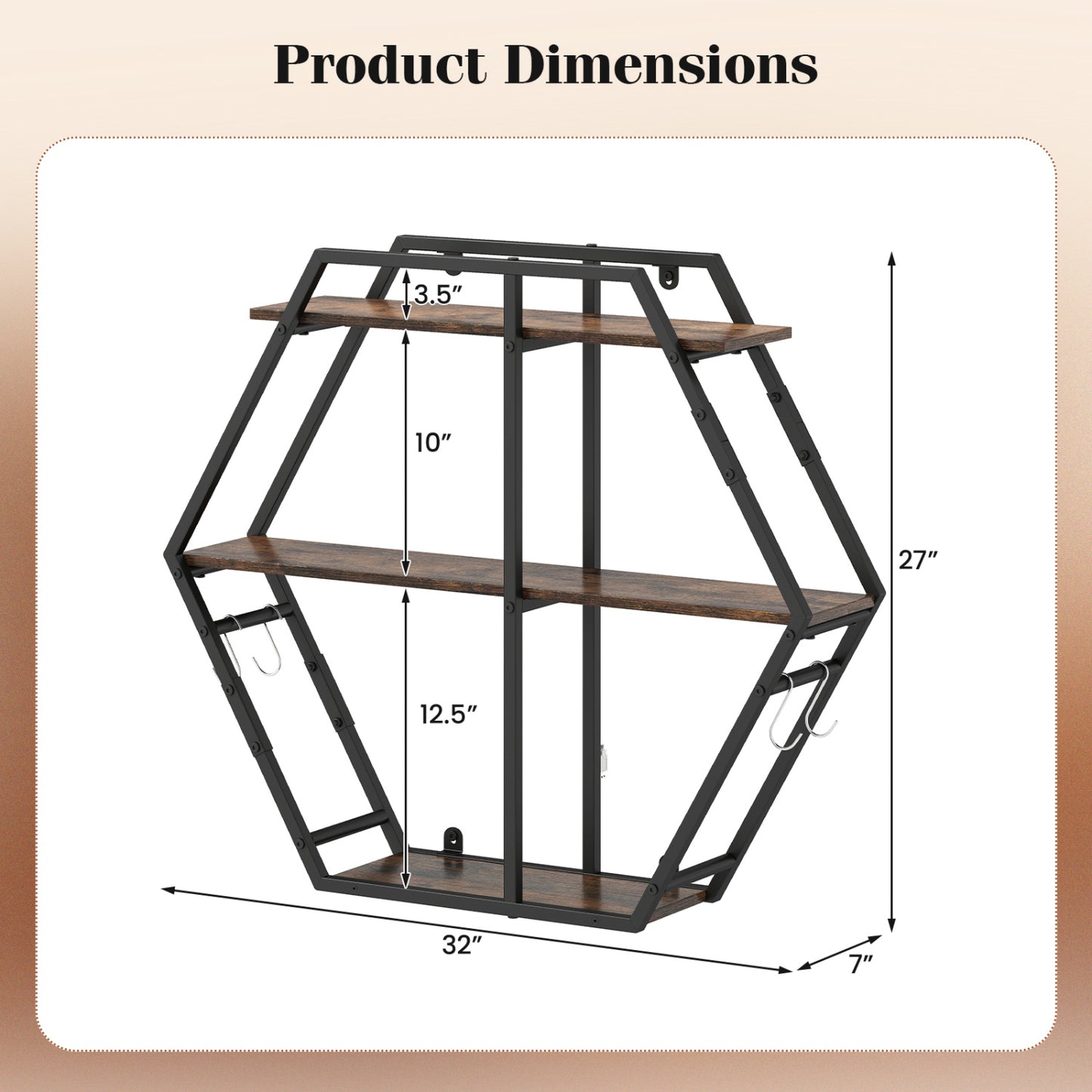3-Tier Geometric Bookcase with S-Shaped Hooks for Living Room