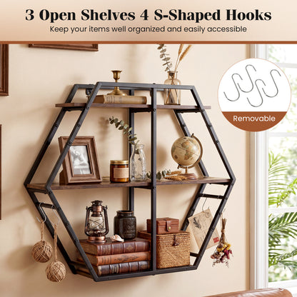 3-Tier Geometric Bookcase with S-Shaped Hooks for Living Room