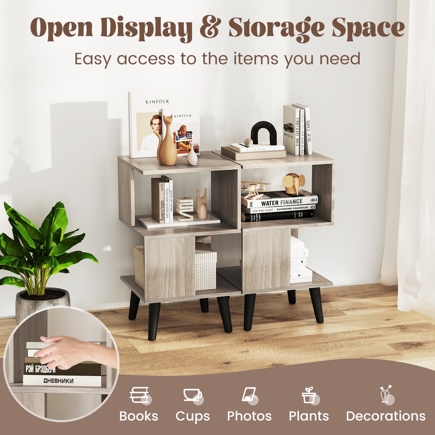 3-Tier Geometric Bookshelf Set of 2 with Open Storage Shelves