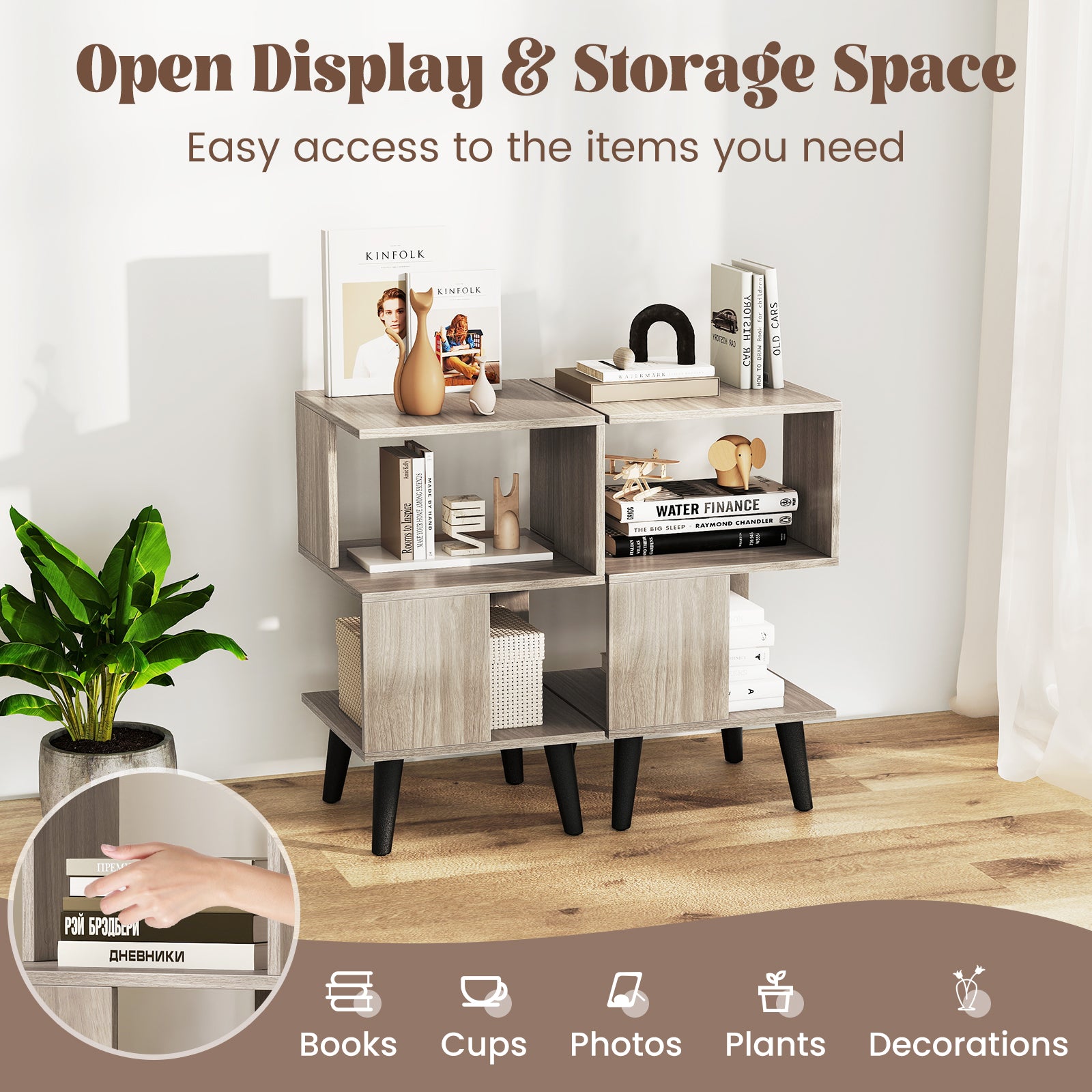 3-Tier Geometric Bookshelf Set of 2 with Open Storage Shelves