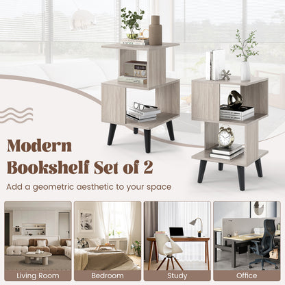 3-Tier Geometric Bookshelf Set of 2 with Open Storage Shelves
