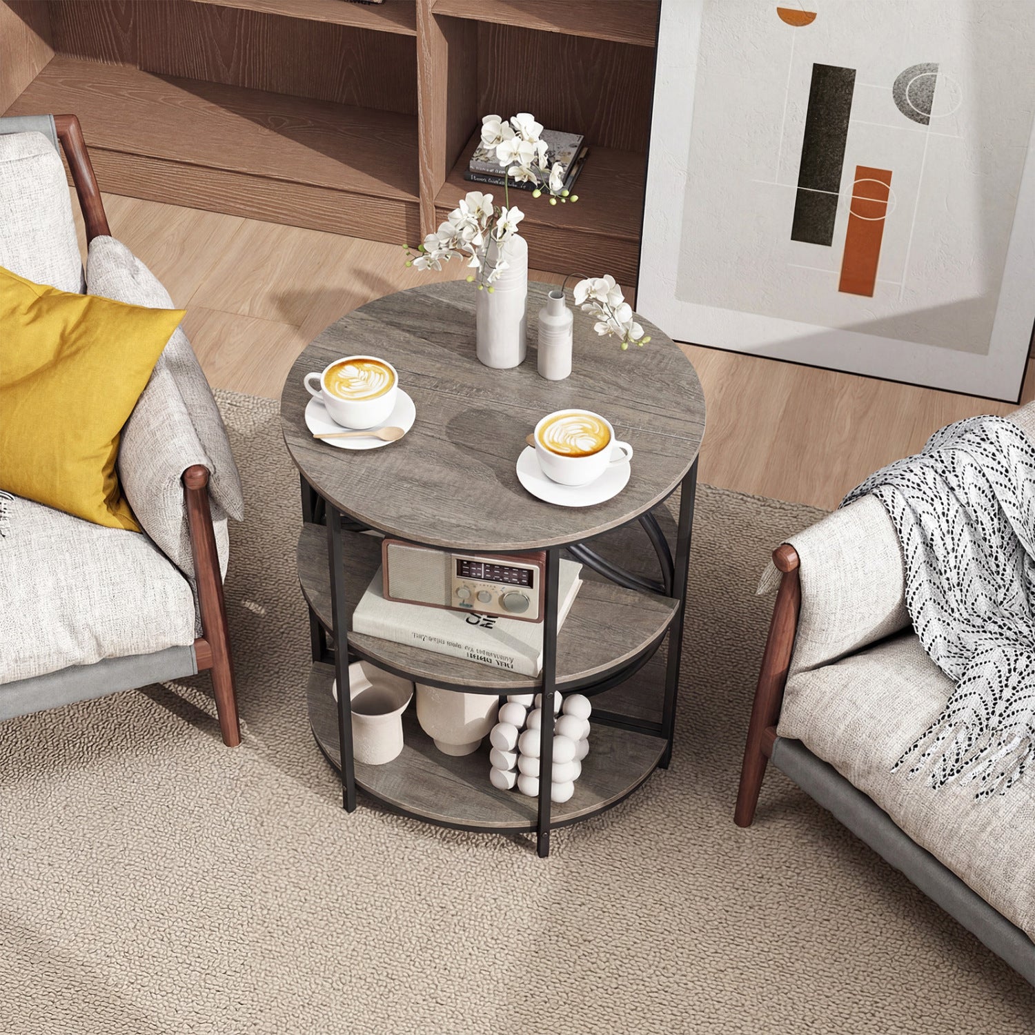 3-Tier Half Round End Table with Study Metal Frame for Living Room-Gray