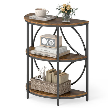 3-Tier Half Round End Table with Study Metal Frame for Living Room-Rustic Brown