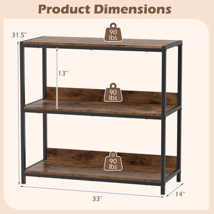 3-Tier Industrial Bookshelf with Wooden Shelves and Metal Frame