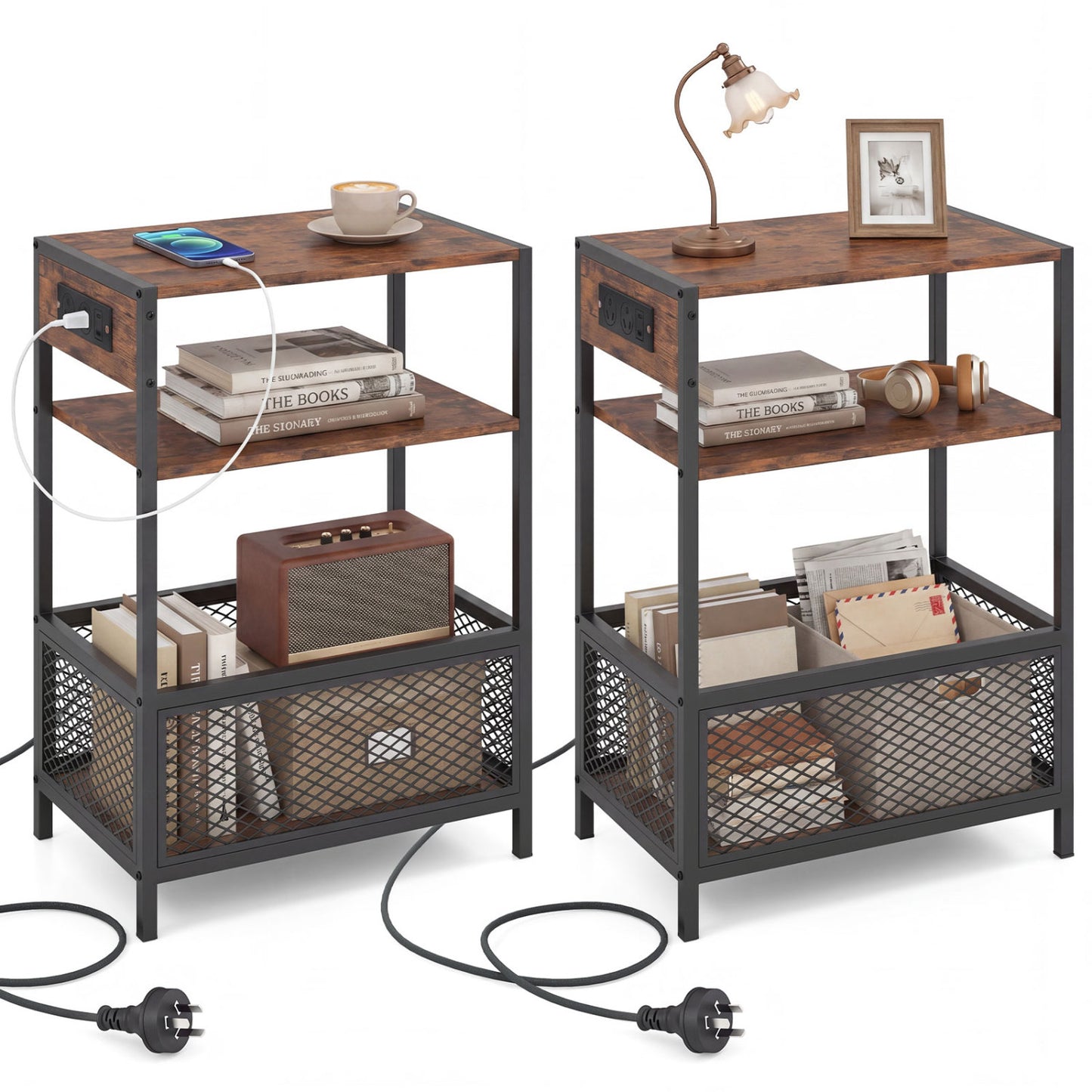 Industrial Side Table with USB-C & AC Outlets, 3-Tier