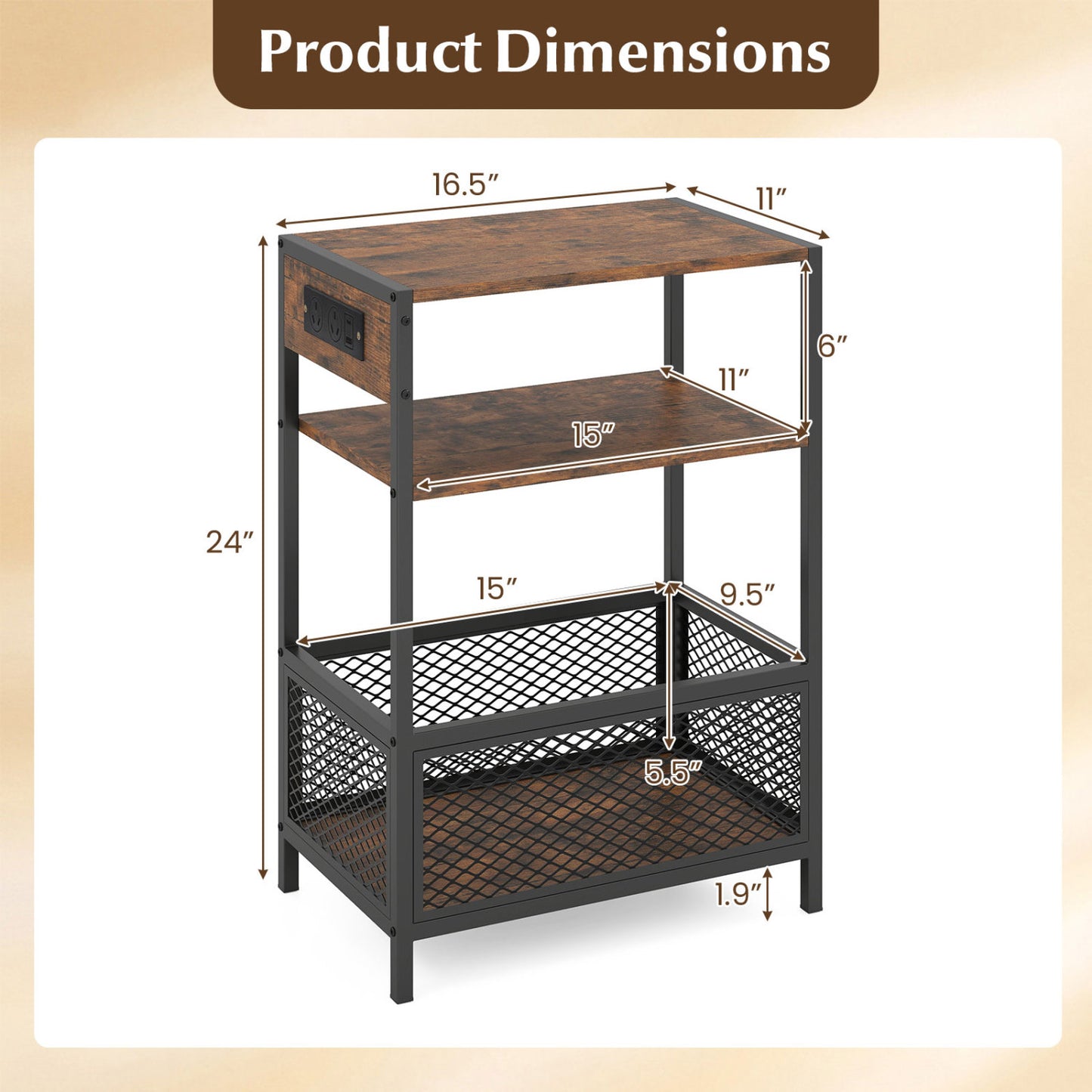 Industrial Side Table with USB-C & AC Outlets, 3-Tier