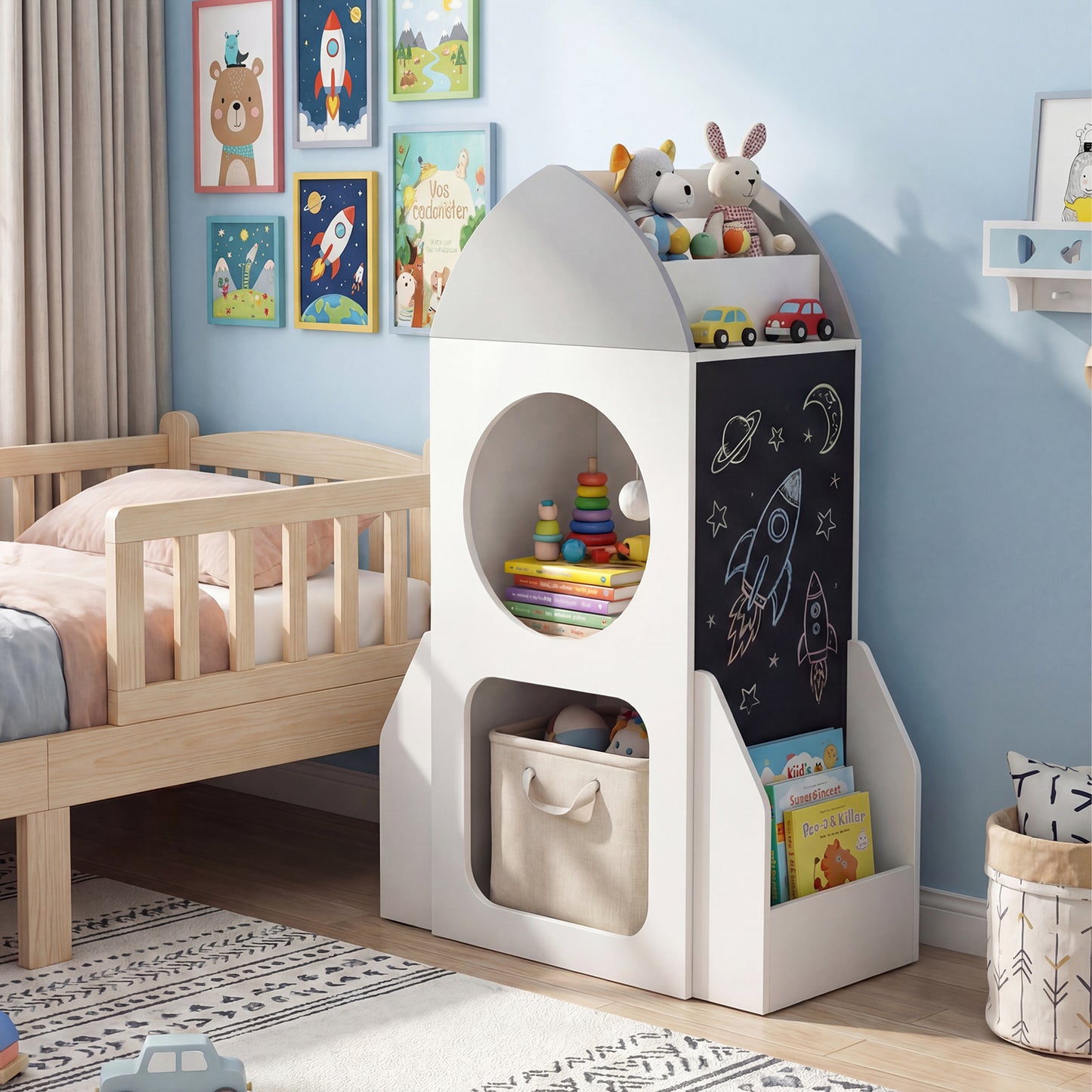 3-Tier Kids Bookshelf Rocket Space Theme Toddler Toy Storage Organizer-White