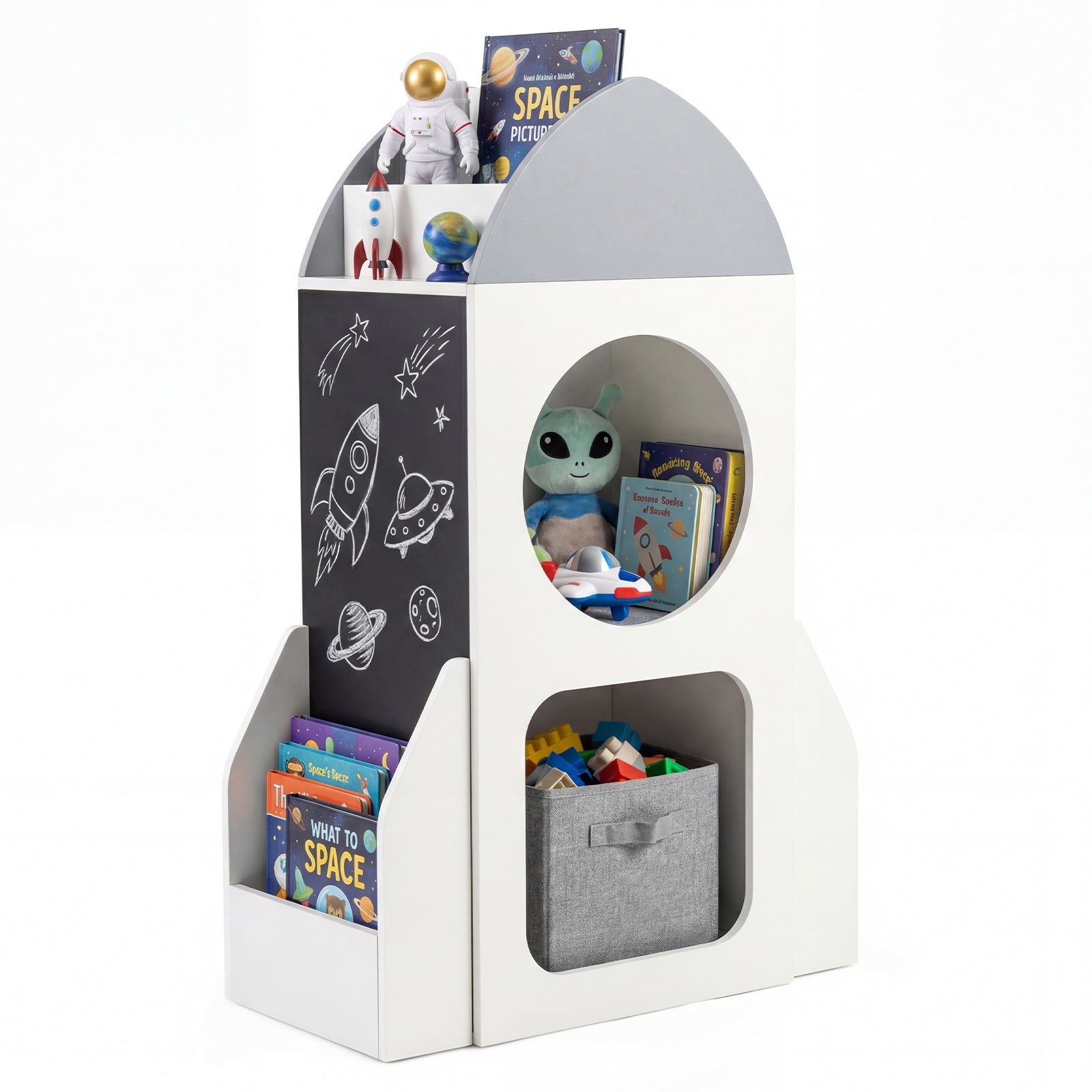 3-Tier Kids Bookshelf Rocket Space Theme Toddler Toy Storage Organizer-White