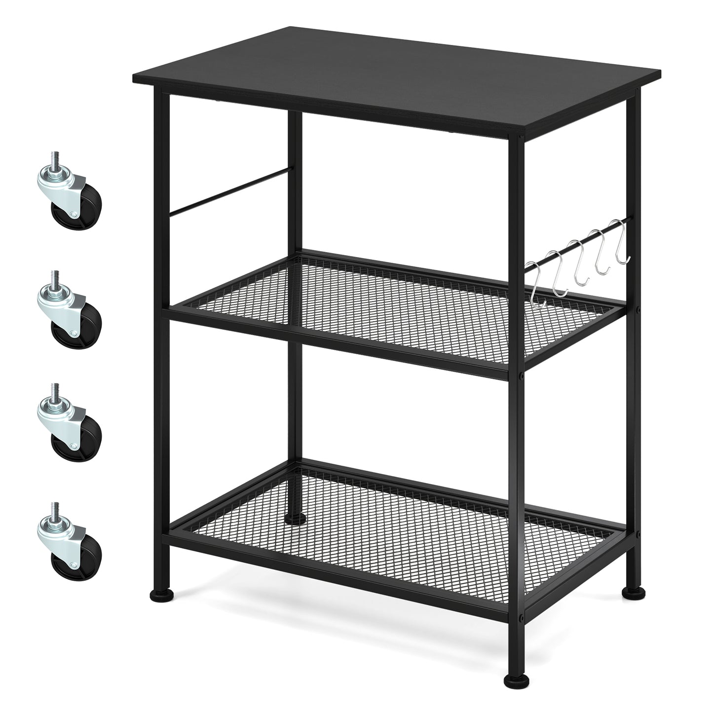 3-Tier Kitchen Serving Cart Utility Standing Microwave Rack with Hooks Brown - Black