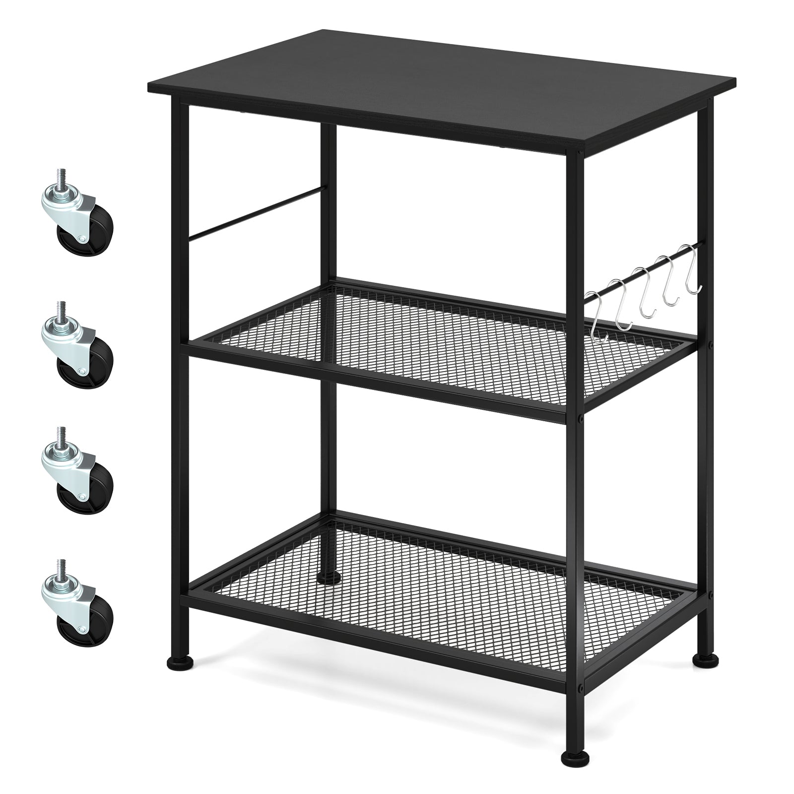 3-Tier Kitchen Serving Cart Utility Standing Microwave Rack with Hooks Brown - Black